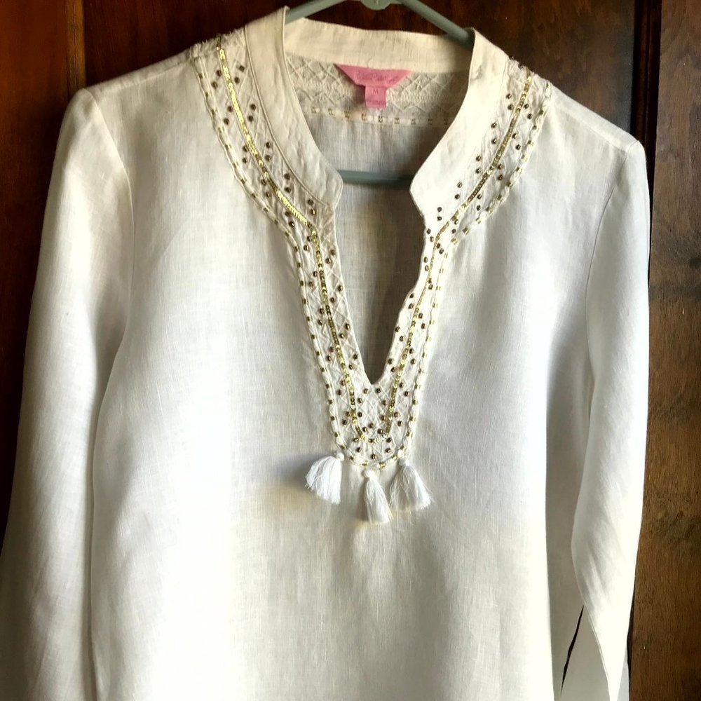 Lilly Pulitzer Embellished White Linen Tunic Blouse